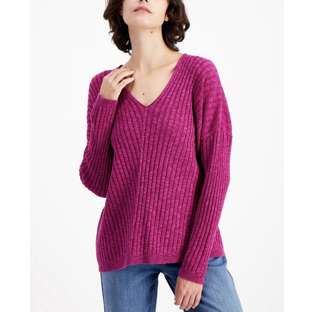 Eileen Fisher Magenta Organic‎ Linen/Cotton Ribbed V-Neck Sweater Size Large